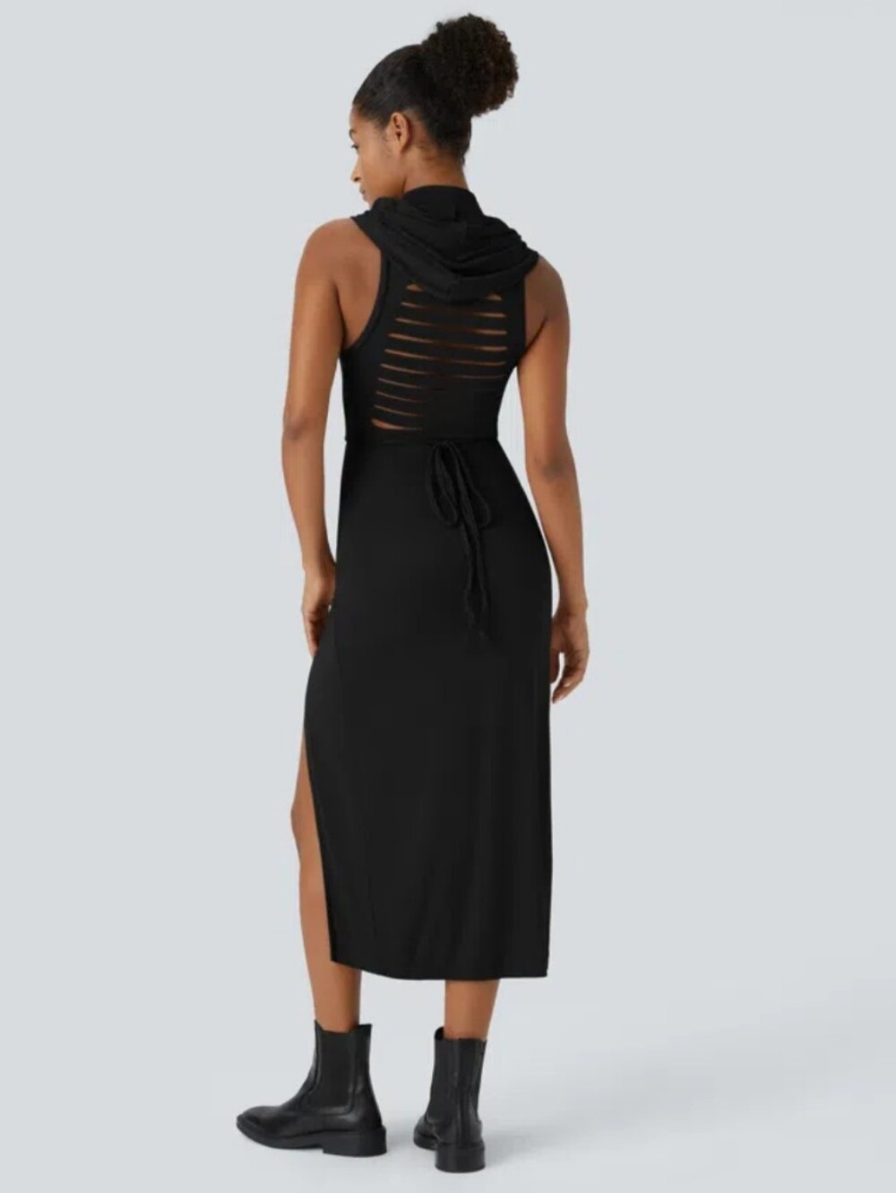 HALARA* Long Sleeve*High Slit Hooded Midi Dress in BLACK Size M - Picture 8 of 10